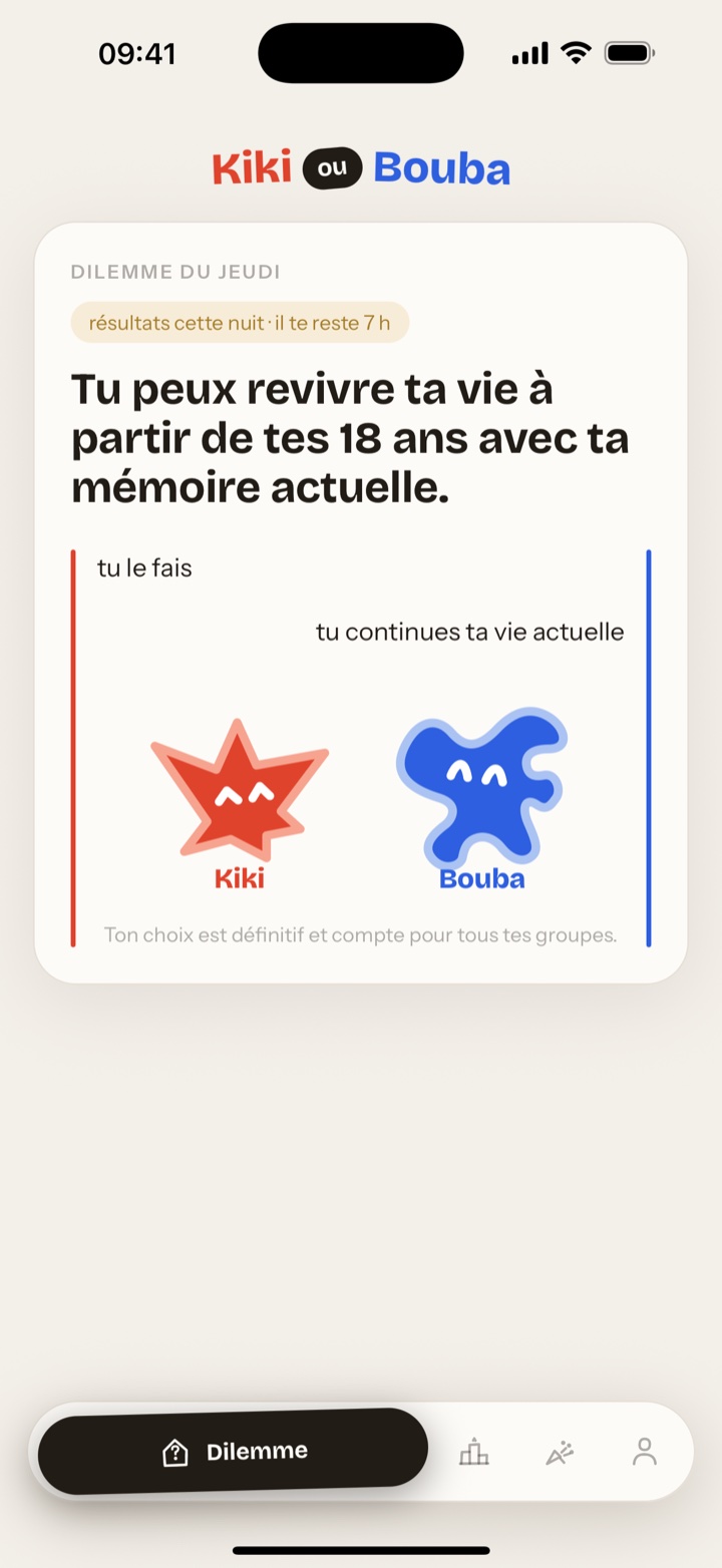 Capture d’écran de l’app : le dilemme du jour, avec les deux mascottes Kiki et Bouba à départager d’un tap.