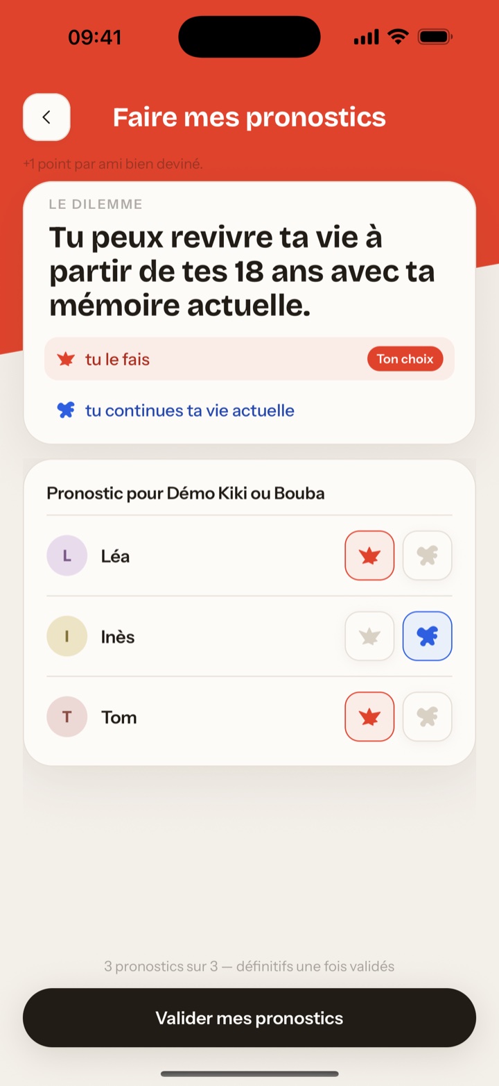 Capture d’écran des pronostics : pour chaque membre du groupe, deviner s’il a choisi Kiki ou Bouba.