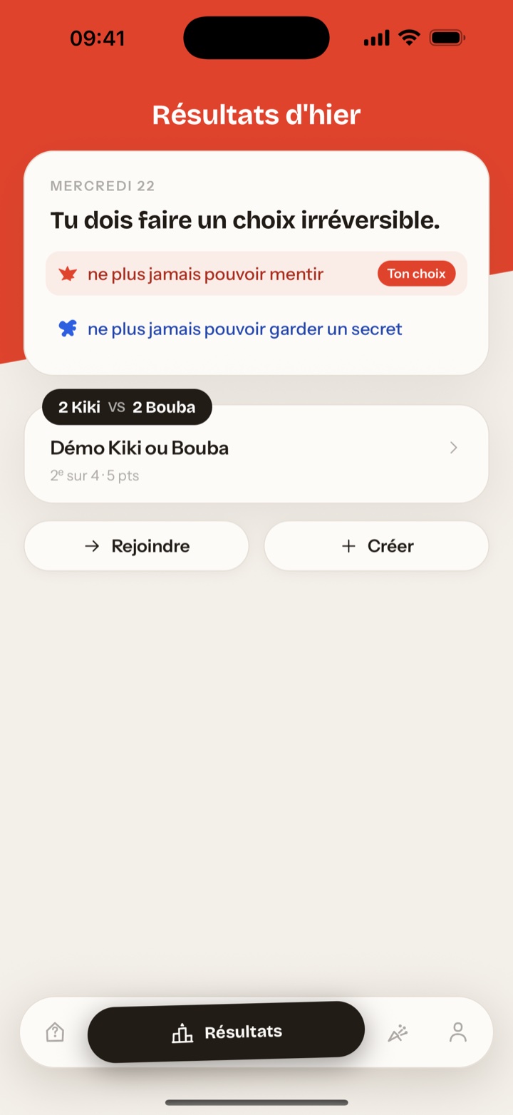 Capture d’écran des résultats d’hier : le dilemme résolu, ton choix et le score du groupe.